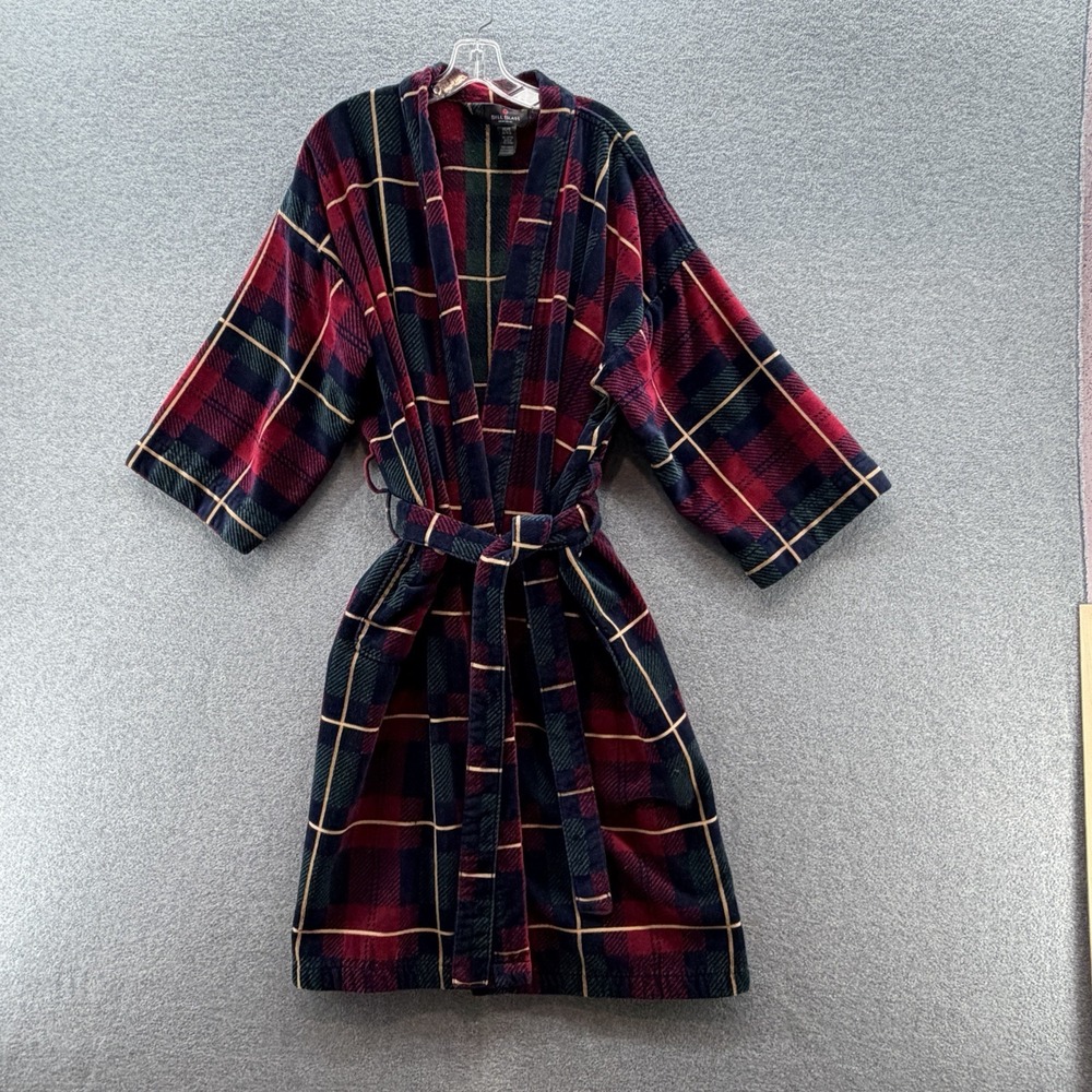 VTG Bill Blass Robe Mens One Size Tartan Plaid Terry Cotton Belted Lounge Dad